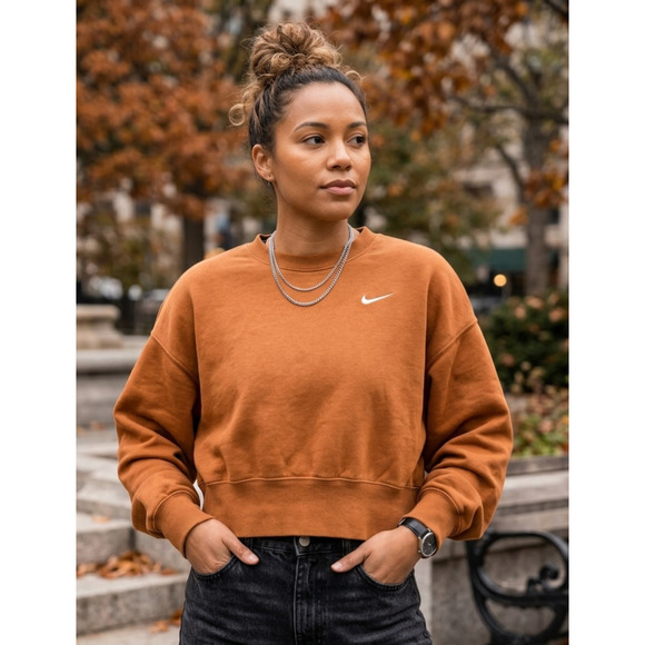 Nike Tops - Nike Womens XS Brown Crop Crewneck Sweatshirt Fleece Oversized Pullover Swoosh